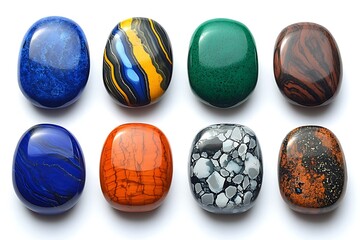 Variety of polished gemstones arranged on a white surface, emphasizing their clarity and vibrant colors 
