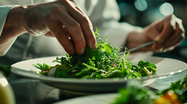 Chef adding sauce to a salad plate, finishing the cooking process in a restaurant kitchen, with the cropped image of the chef in an apron at work.