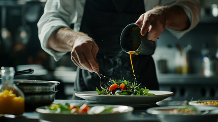 Chef finishing a salad with fresh greens, adding the final touches before serving it to restaurant guests.