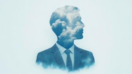 A male figure with a double exposure effect showcasing clouds in his silhouette, symbolizing dreams and aspirations.
