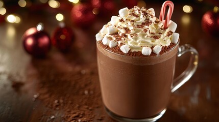 A cozy mug of hot chocolate topped with whipped cream, mini marshmallows, and a sprinkle of cocoa powder, garnished with a candy cane, wooden table with Christmas ornaments