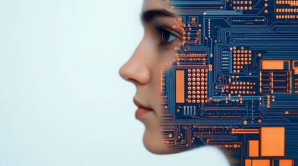 Profile of a female with a digital circuit overlay, blending technology and humanity in a creative concept.