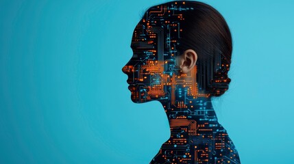 Silhouette of a woman with digital circuitry overlay, symbolizing technology and innovation.