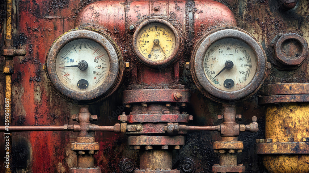 Poster close-up view of industrial pressure gauges on pipelines showcasing intricate details and textures i