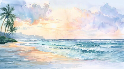 A tranquil watercolor painting capturing the beauty of a secluded beach at sunset, with soft pastel skies, gently rolling waves, and palm trees swaying in the breeze.