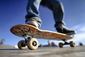 Young man showcasing an impressive skateboard trick in a vibrant skate park under a clear blue sky on a sunny day