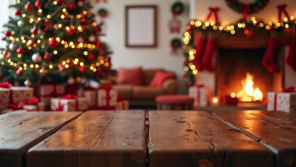 Rustic Wooden Table Christmas Scene, Red & White Decor