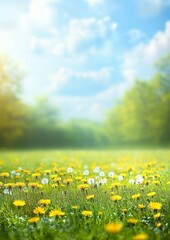 Fototapeta premium Lush Green Meadow with Dandelions and Small Flowers under Clear Blue Sky