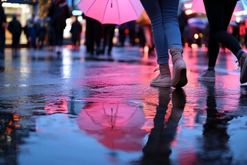 Fototapeta premium Rainy city street, women walking with pink umbrella, reflection in puddle.