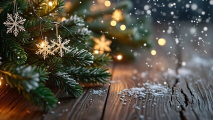 Christmas Background, Snowy Pine Branches, Lights & Wooden Table