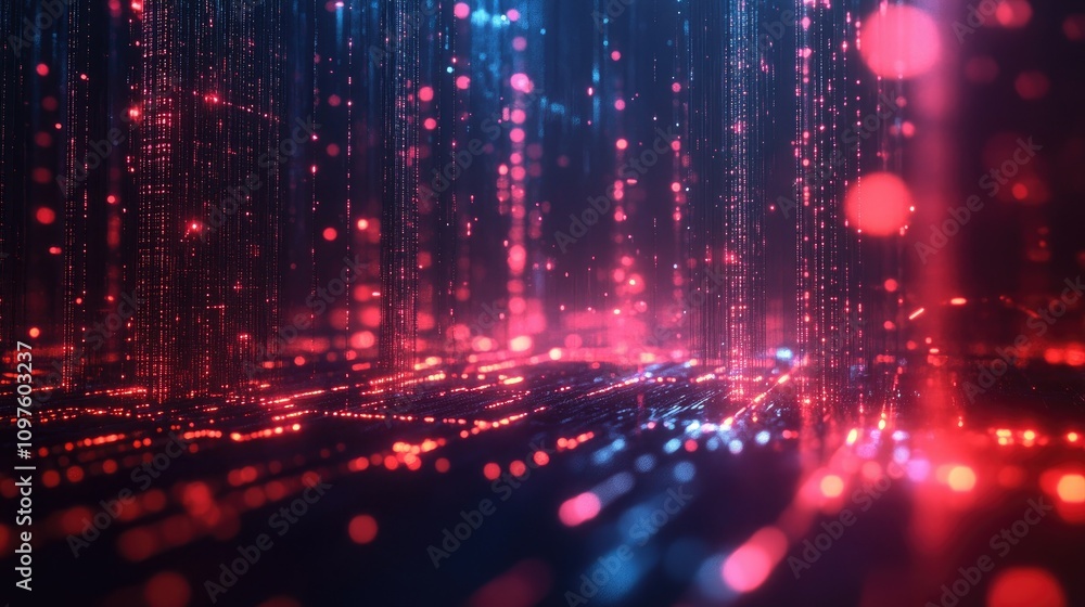 Poster 3D render of a digital environment with glowing data points connected by lines, illustrating the power and structure of data.
