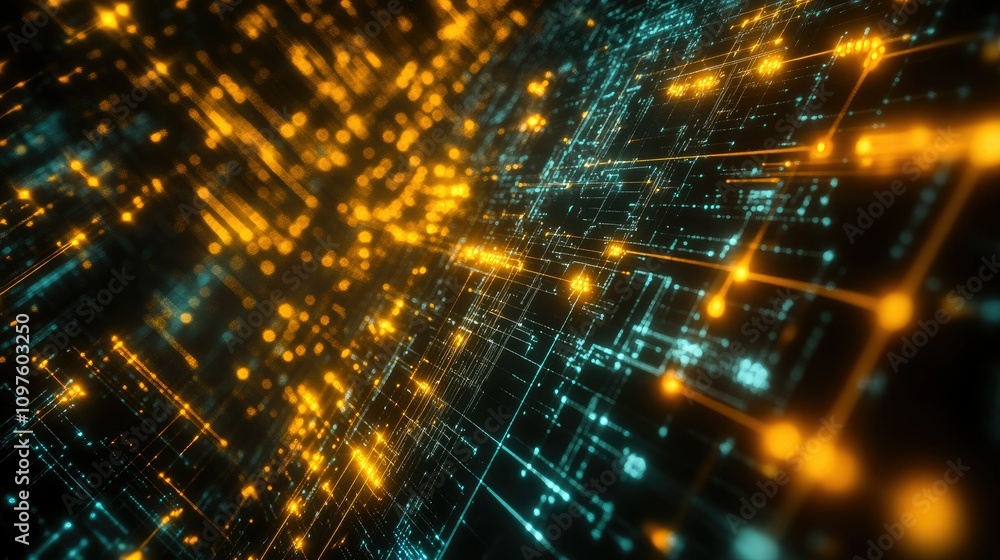 Poster 3D render of a digital environment with glowing data points connected by lines, illustrating the power and structure of data.