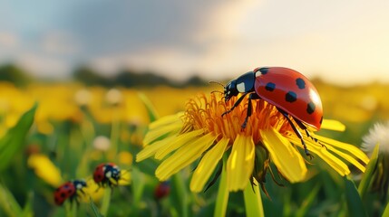 Fototapeta premium A vibrant ladybug perched on a bright yellow flower amidst a lush green field, capturing the beauty of nature in a sunny landscape.