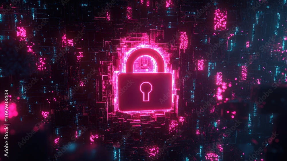 Poster A 3D digital lock surrounded by glowing data particles, representing online security and protection from digital threats.