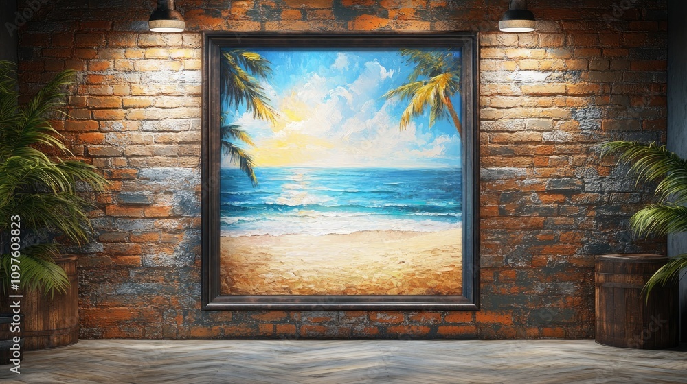 Aufkleber a brick wall with a large painting of a window that frames a vibrant beach scene, bringing the feeli