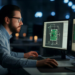 Engineer Designing Circuit Boards on Computer, Professional Working on PCB Layout in High-Tech Lab
