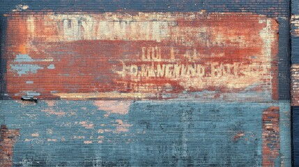 Obraz premium A brick wall with a large, weathered 1920s advertisement painted on it, showcasing retro typography and faded colors from a bygone era.