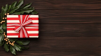 Obraz premium A beautifully wrapped gift with red and white stripes, surrounded by festive holly, perfect for the holiday season.