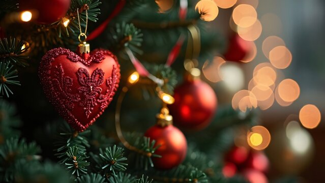 Close-up Red Heart Christmas Ornament on Tree