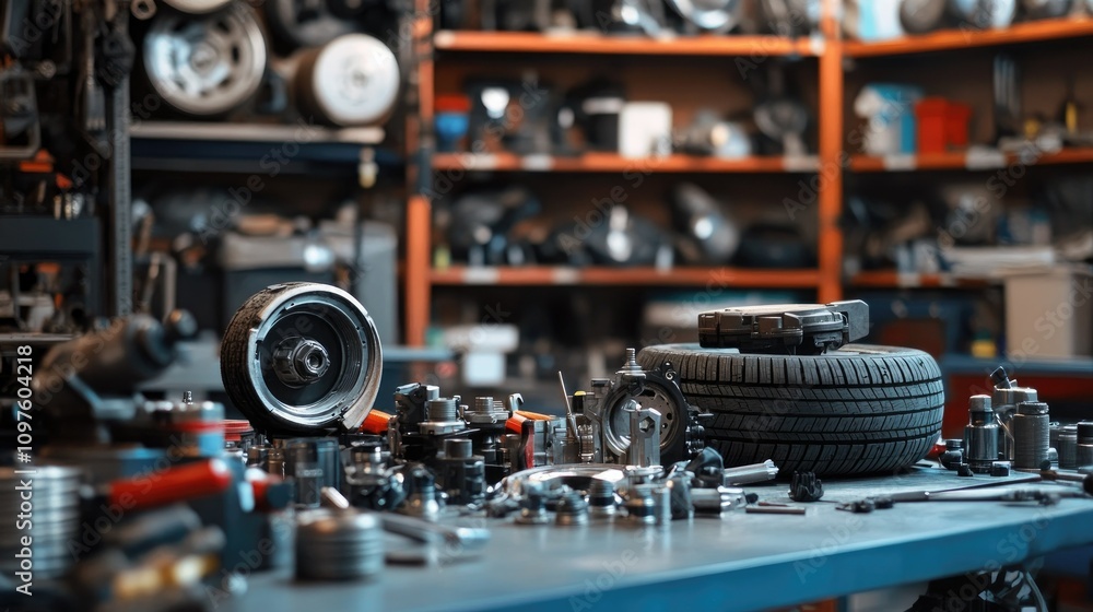 Poster a close-up of automotive components like car tires, engine parts, and tools arranged neatly on a gar
