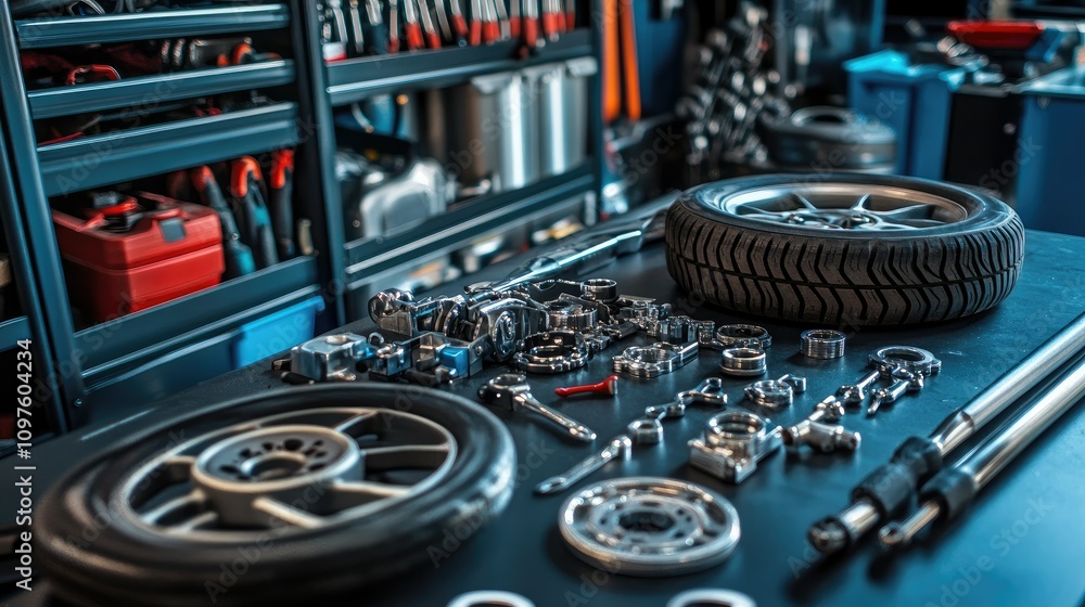 Poster a close-up of automotive components like car tires, engine parts, and tools arranged neatly on a gar