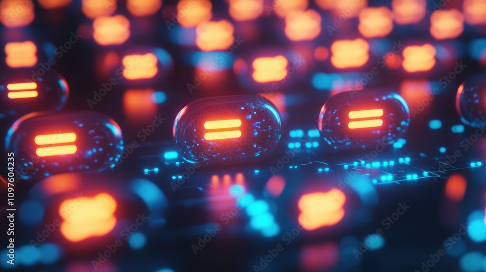 Poster A close-up of glowing chat icons in the shape of artificial intelligence data symbols, representing communication and AI chatbots.