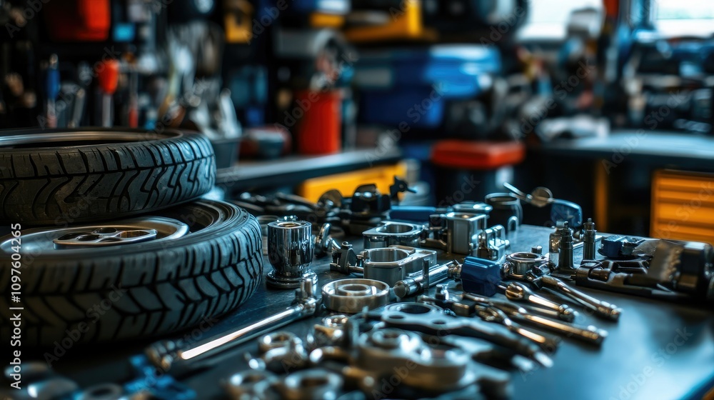 Poster a close-up of automotive components like car tires, engine parts, and tools arranged neatly on a gar