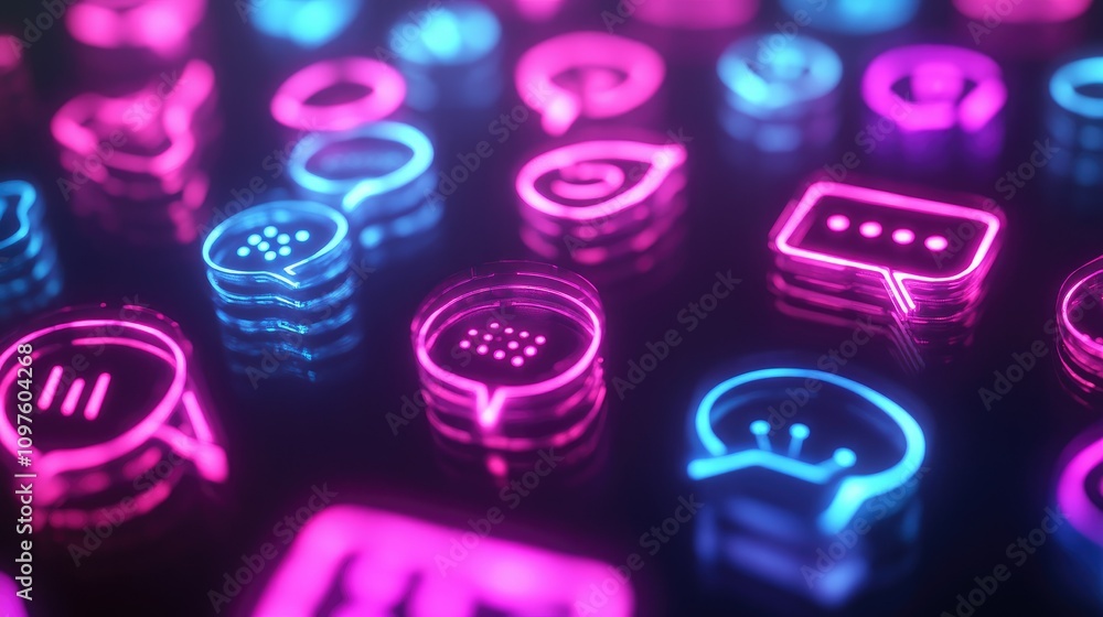 Poster A close-up of glowing chat icons in the shape of artificial intelligence data symbols, representing communication and AI chatbots.