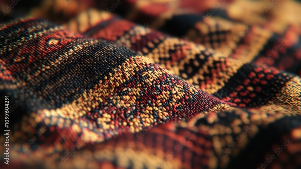 Poster A close-up of handwoven fabric with traditional patterns, displaying the fine details of each thread and texture, captured in 8K resolution.