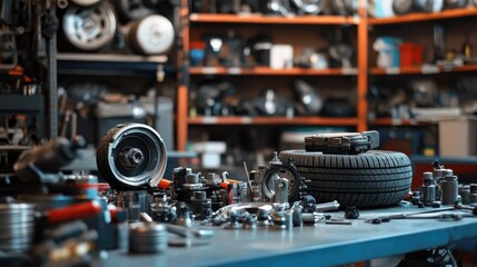 Fototapeta premium A close-up of automotive components like car tires, engine parts, and tools arranged neatly on a garage table for maintenance.