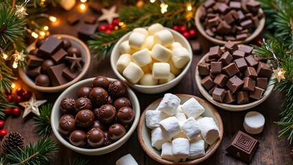 Obraz premium Festive Christmas Chocolate Table, Milk, Dark Chocolates & Marshmallows