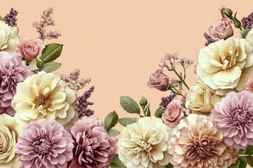 Floral Arrangement Vintage Bouquets with Pink Roses Cream Carnations Light Purple Dahlias on Soft Peach Background