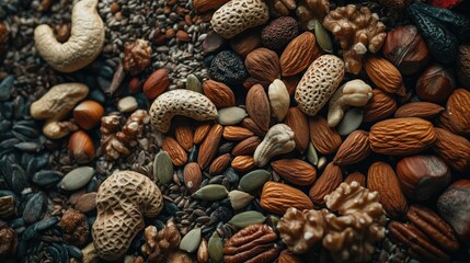 Obraz premium A close-up shot of assorted nuts and seeds artistically arranged on a background, emphasizing the rich textures and variety of natural ingredients.