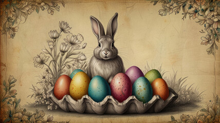 Festive Easter bunny sketch surrounded by colorful eggs and tulips on a vintage background.Festive seasonal Victorian style sketch for Easter holidays and spring theme decorations