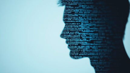 Silhouette of a young man with a binary code pattern, symbolizing technology and data.