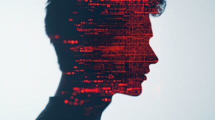 Silhouette of a young man designed with flowing binary code, representing technology and digital identity.