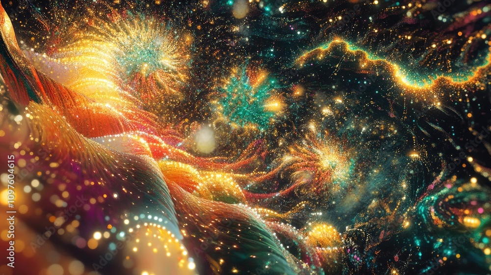 Poster colorful fireworks creating intricate patterns in the sky, celebrating the new year with a dazzling 