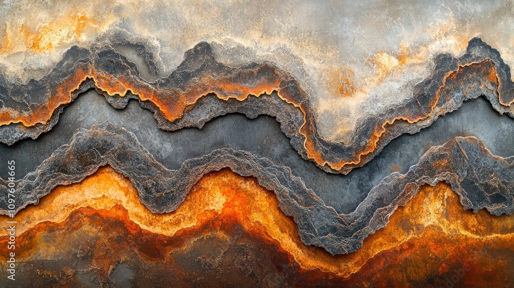 Poster A close-up view of a rusted steel surface with intricate weathering patterns and shades of gray, brown, and orange, creating a rustic yet elegant texture.