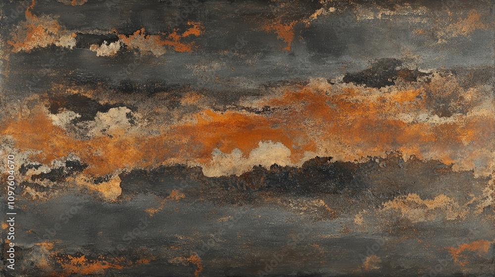 Aufkleber A close-up view of a rusted steel surface with intricate weathering patterns and shades of gray, brown, and orange, creating a rustic yet elegant texture.