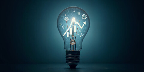 Classic illustration of a light bulb shining brightly, but the filament is shaped like symbols such as gears, DNA, and an upward arrow graph, signifying Ideas, innovation and creativity