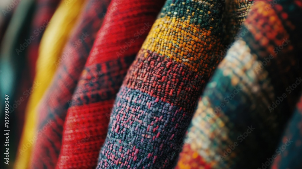 Poster A detailed 8K shot of handwoven fabric with colorful patterns, highlighting the textures and threads used in traditional textile making.