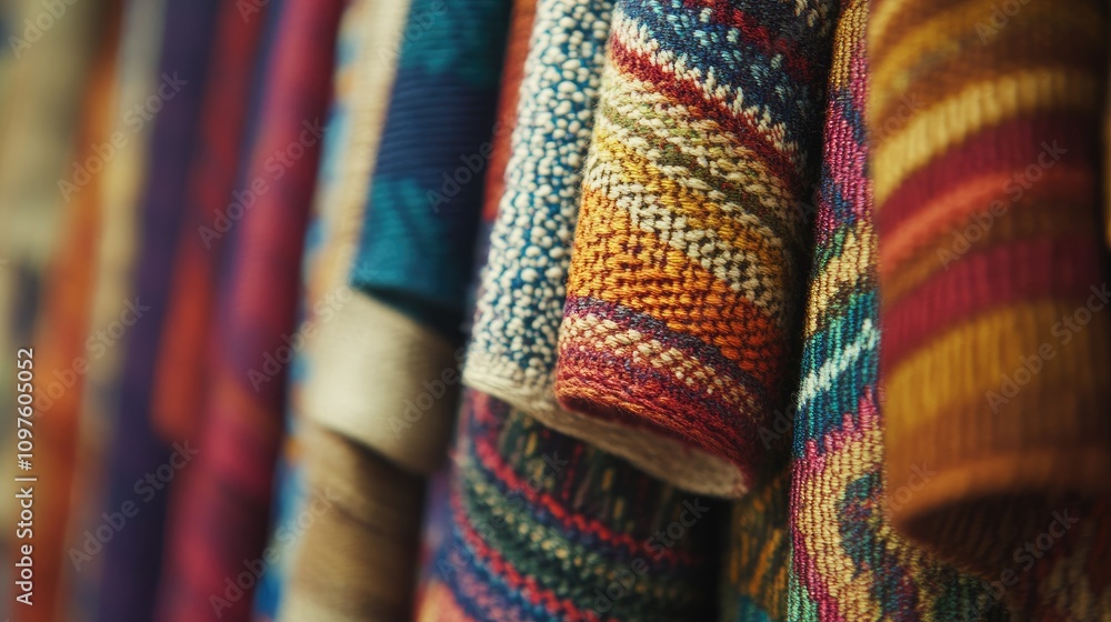 Poster A detailed 8K shot of handwoven fabric with colorful patterns, highlighting the textures and threads used in traditional textile making.
