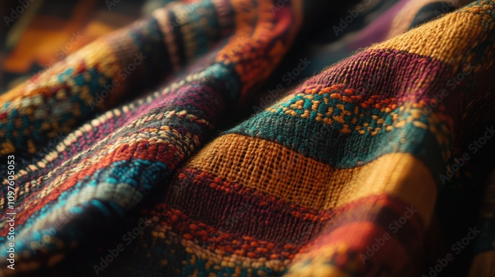 Poster a detailed 8k shot of handwoven fabric with colorful patterns, highlighting the textures and threads