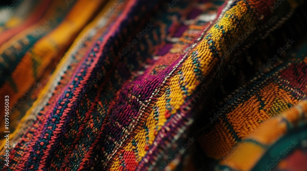 Poster a detailed 8k shot of handwoven fabric with colorful patterns, highlighting the textures and threads