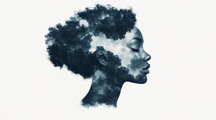Profile of a Black woman with an artistic cloud design in her hair, embodying creativity and imagination.