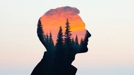 Silhouette of a man with a forest landscape inside, symbolizing nature and introspection.