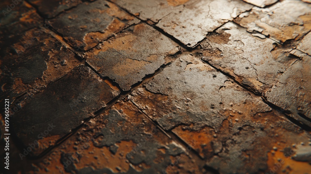 Poster a detailed shot of a weathered and rusted steel surface, highlighting the intricate patterns and tex