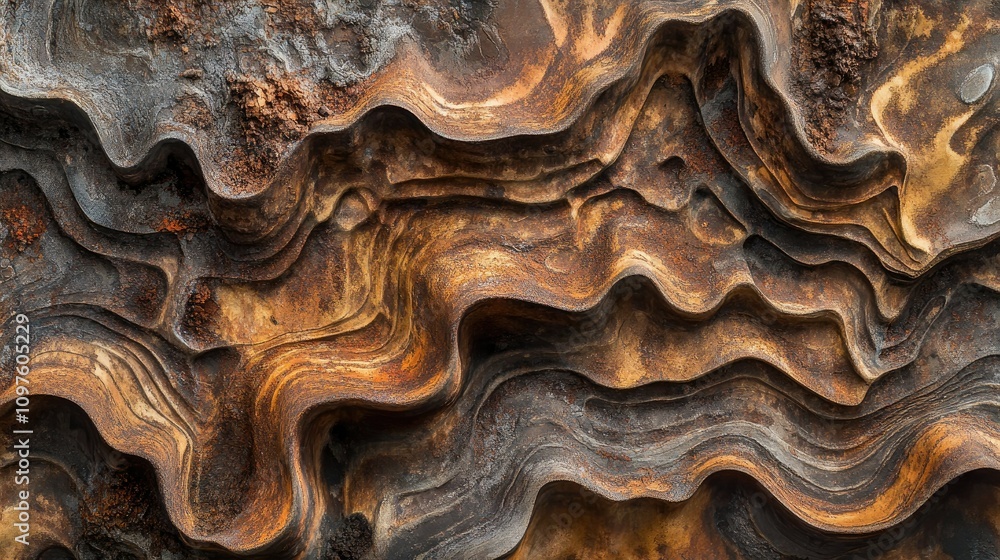 Poster a detailed shot of a weathered and rusted steel surface, highlighting the intricate patterns and tex
