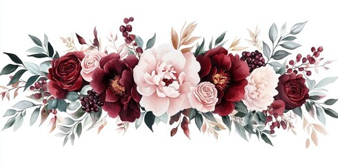 Watercolor Floral Bouquet Deep Red Pink Peonies Burgundy Roses Pale Pink Carnations Green Leaves