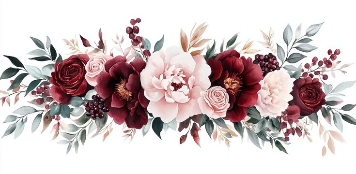 Watercolor Floral Bouquet Deep Red Pink Peonies Burgundy Roses Pale Pink Carnations Green Leaves